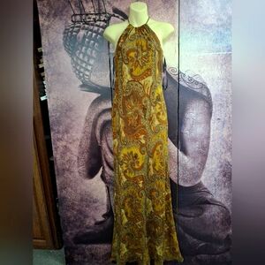 Laundry By Shelli Segal Gold Sheath Maxi Dress Halter Neckline Sz 2